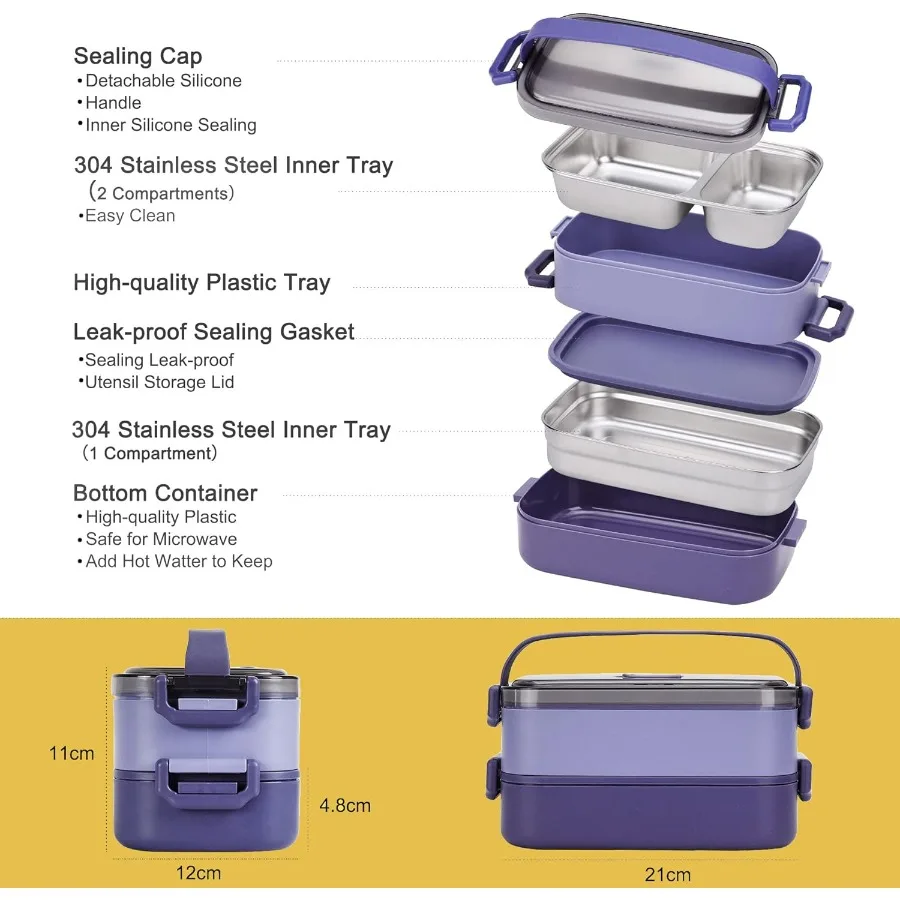 صندوق بينتو من الفولاذ المقاوم للصدأ للبالغين: صندوق غداء ياباني مانع للتسرب مع تخزين طعام مقسم، تصميم مكون من طبقتين مثاليين