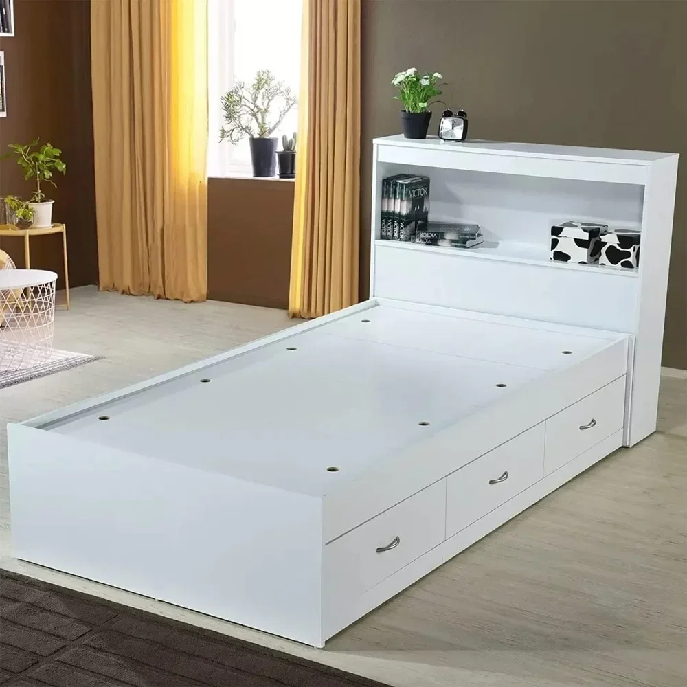 Twin Size Wood Platform Bed with Bookcase Headboard with 3 Drawers for Bedroom Storage Organization, White