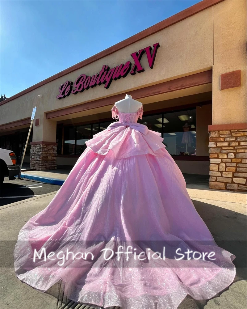 Robe de Quinceanera rose mexicaine pour femmes, robe de Rh, robes perlées, nœud à pampilles, robe de fête d'anniversaire, Sweet 15, 2024