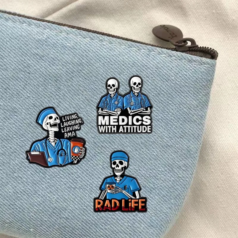 Skeleton Medical Enamel Pins Set Medics With Attitude Radliff Living Laughing Leaving Brooch Backpack Clothing Badge Nurse Gift