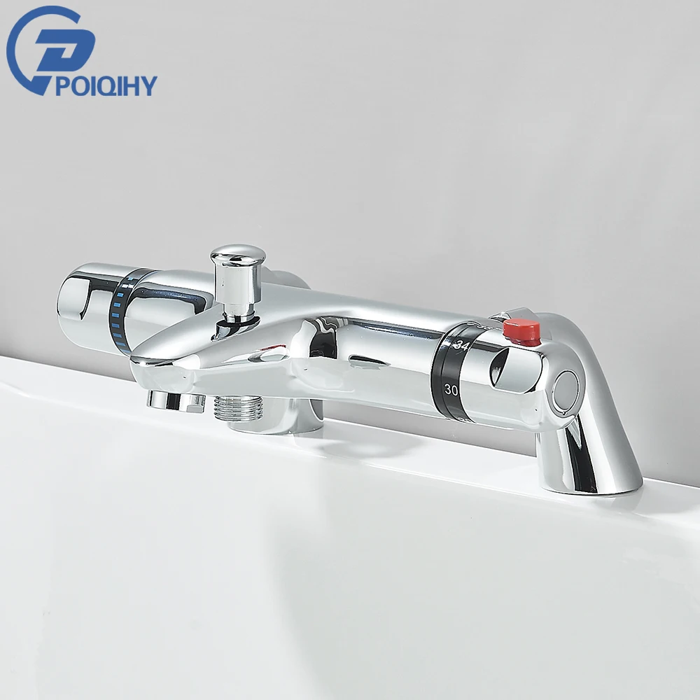 

Chrome thermostatic Shower Faucet Dual Handle Bathtub Faucet Deck Mounted Bath Shower Set Thermostate Bathtub Tap