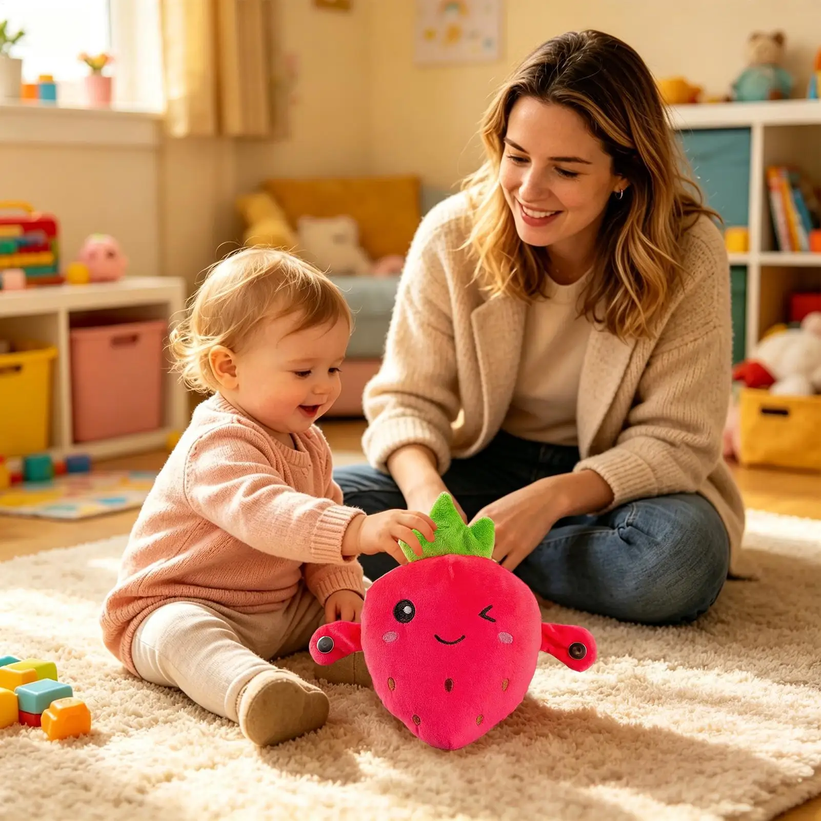 Strawberry Plush Cuddle Educational Sensory Interactive Doll Fruit-themed Music Doll Children Interactive Touch-Sensing Doll