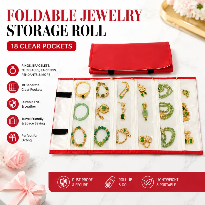 Red Leather Foldable Jewelry Storage Roll, 18 Clear PVC Pockets for Rings Bracelets Necklaces Earrings Pendants, Travel Gift