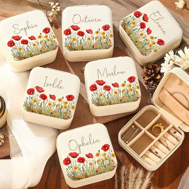 Custom flower field Beige jewelry box, custom name, bridesmaid gift, graduation birthday gift for sisters friends,best gift