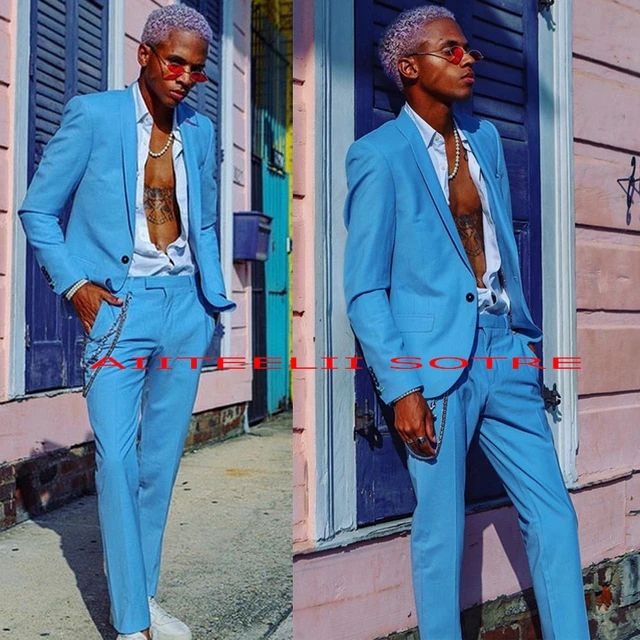 Suit for Men2 Piece Wedding Tuxedo Sky Blue Blazer Pants Suit Formal Jacket Set trajes hombre