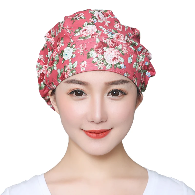 

Floral Printed Scrubs Caps Bandage Sweatband Cartoon Hats Women Elastic Adjustable Nursing Workwear Buttons Hats Working