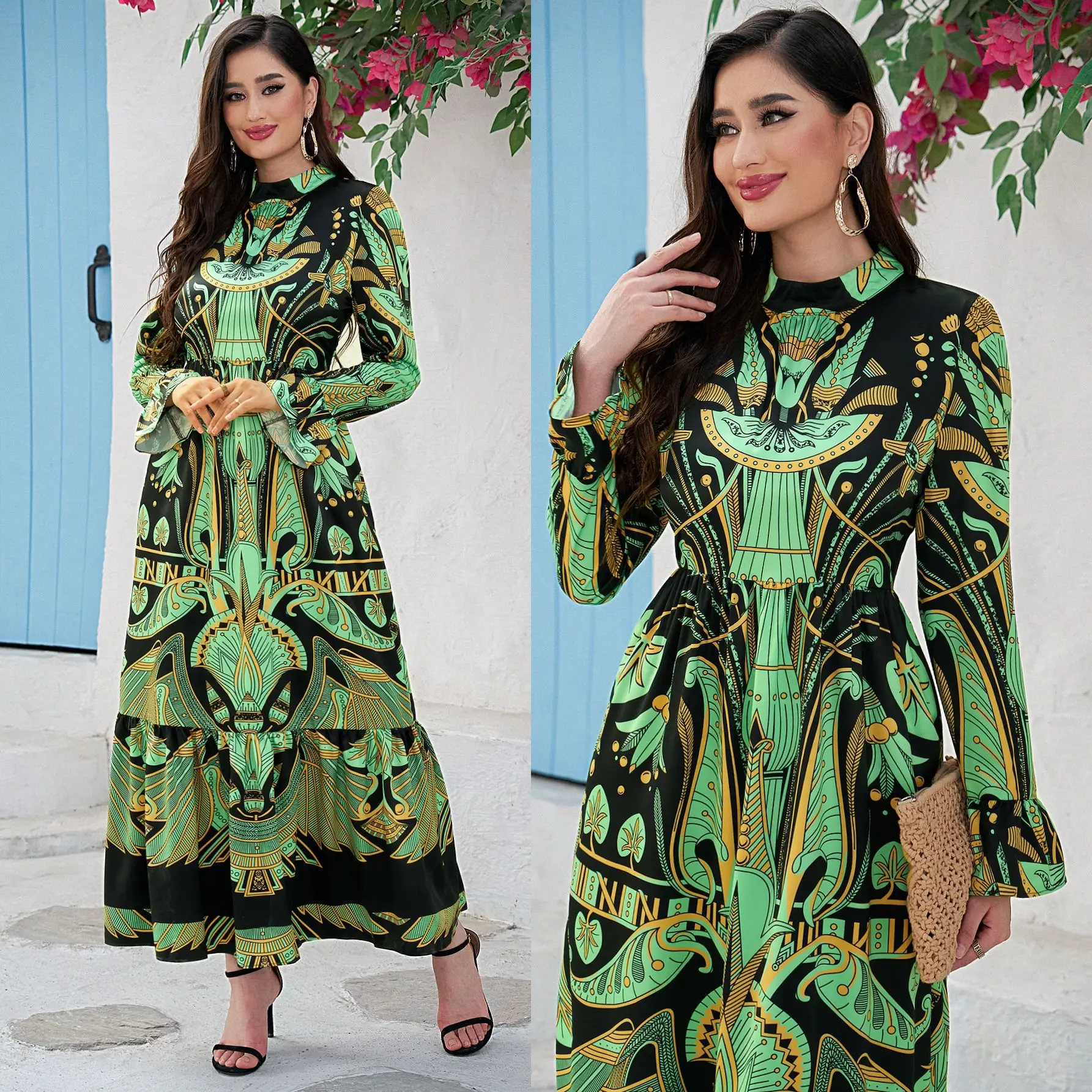 Cross-border Middle East Women's Long Dress Boutique Positioning Totem Printing Horn Sleeve Big Pendulum Dress Cw81234