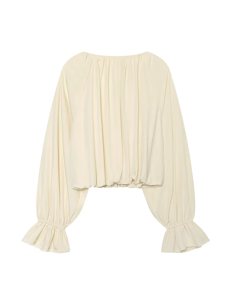 HH Women Spring Summer Elegant Beige Tie Neck Blouse Flared Cuffs Long Sleeve Cropped Fit For Dinner Date Party Vacation Wear