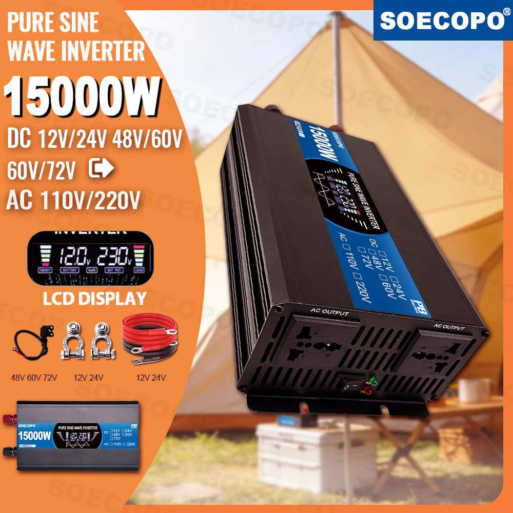 7000W-30000W Pure Sine Wave Inverter DC 12V 24V 48V 60V 72V To AC 220V 50Hz Power Converter Smart LCD Display for Home Solar Car
