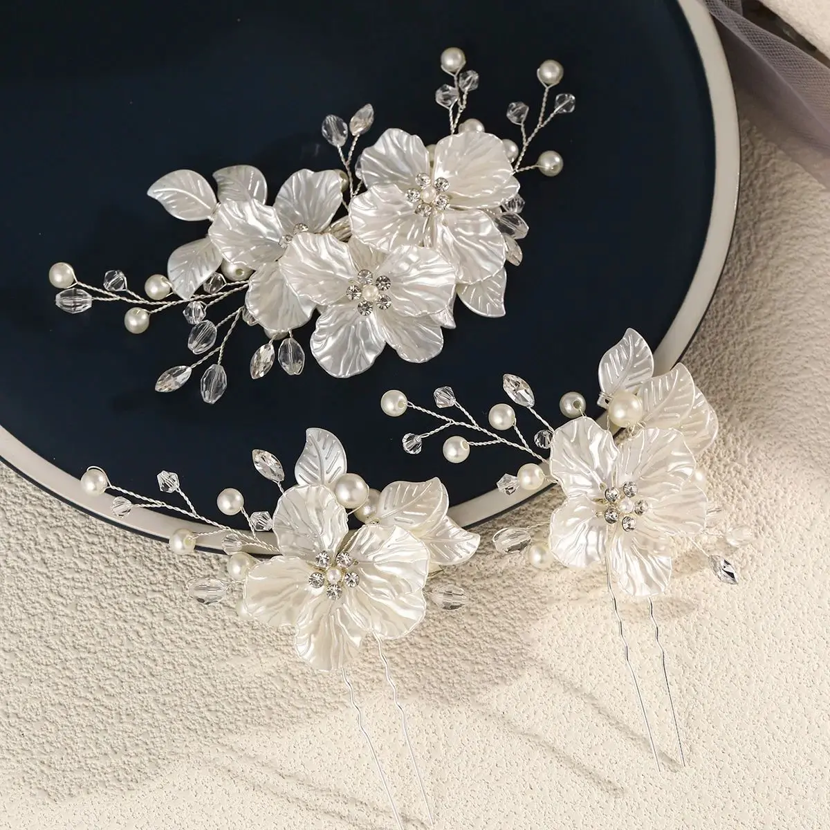 3pc Luxury Acrylic Flower Hair Clip & Pin Set Bridal Wedding Exquisite Jewelry Hair Accessories Handmade Pearl HairClip For Girl