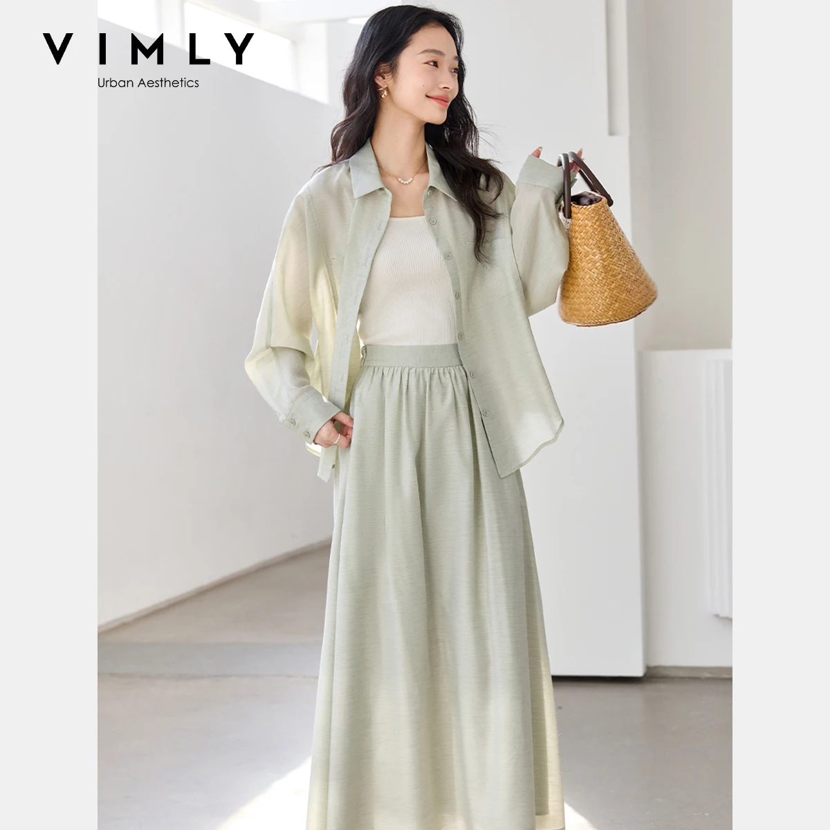 

VIMLY Women's Shirt Skirt Suit Two Piece Sets Woman Outfits 2025 Autumn Lyocell Blend Loose Shirt High Waist Skirt Clothes M9063