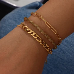 Waterproof Fashion Stainless Steel Melsh Rope Paper Clip Link Figaro Waterwave Chain Gold Plated Bracelets Set For Women Jewelry