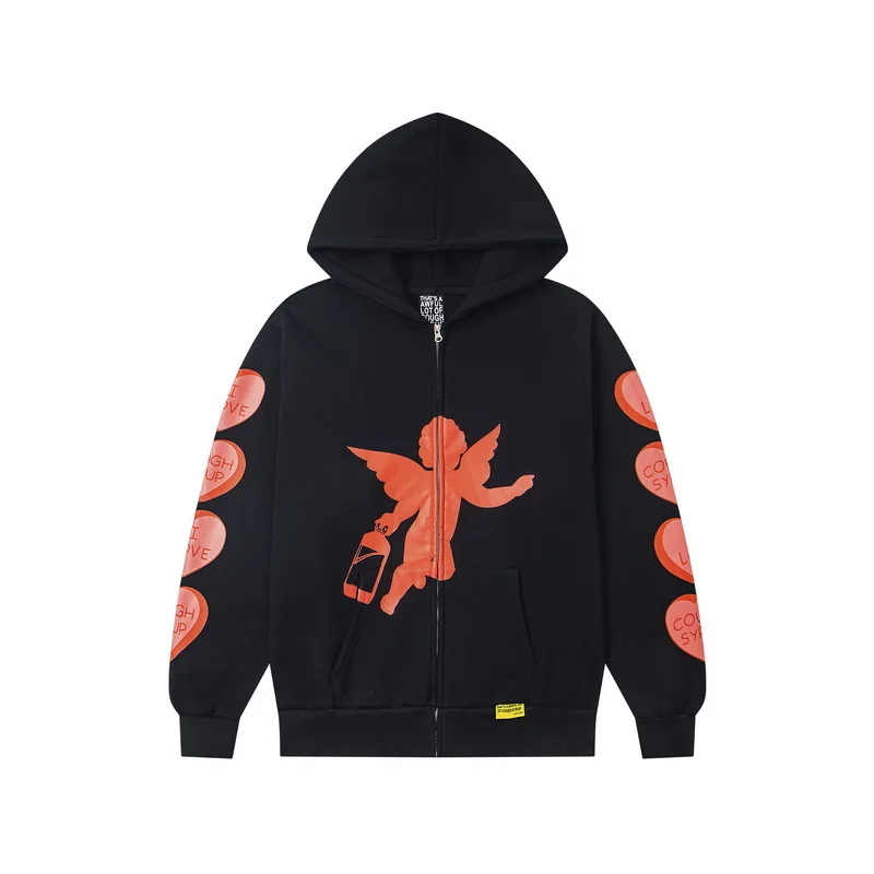 

High Street Cupid Love Letter Print Zipper Hooded Hoodies for Men Streetwear Cardigan Loose Terry Sweatshirt Jacket Oversized