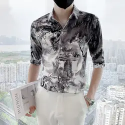 Summer New Turn-down Collar Fashion Half Sleeve Shirt Man High Street Casual Loose Button Cardigan Y2K Ice Silk Fabric Tops