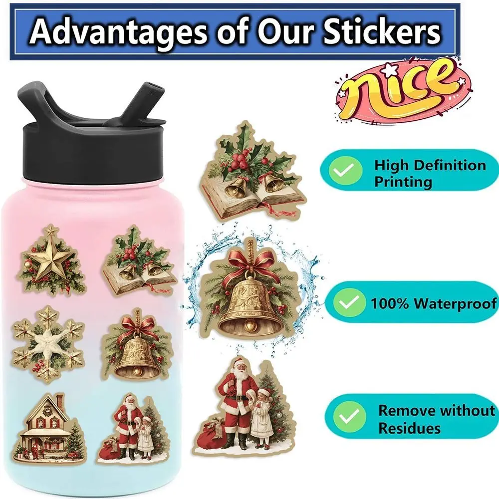 50PCS New Retro Christmas Cartoon Stickers Cute Scrapbook Santa Claus Sticker DIY PVC Kids Sticker Toys Notebook