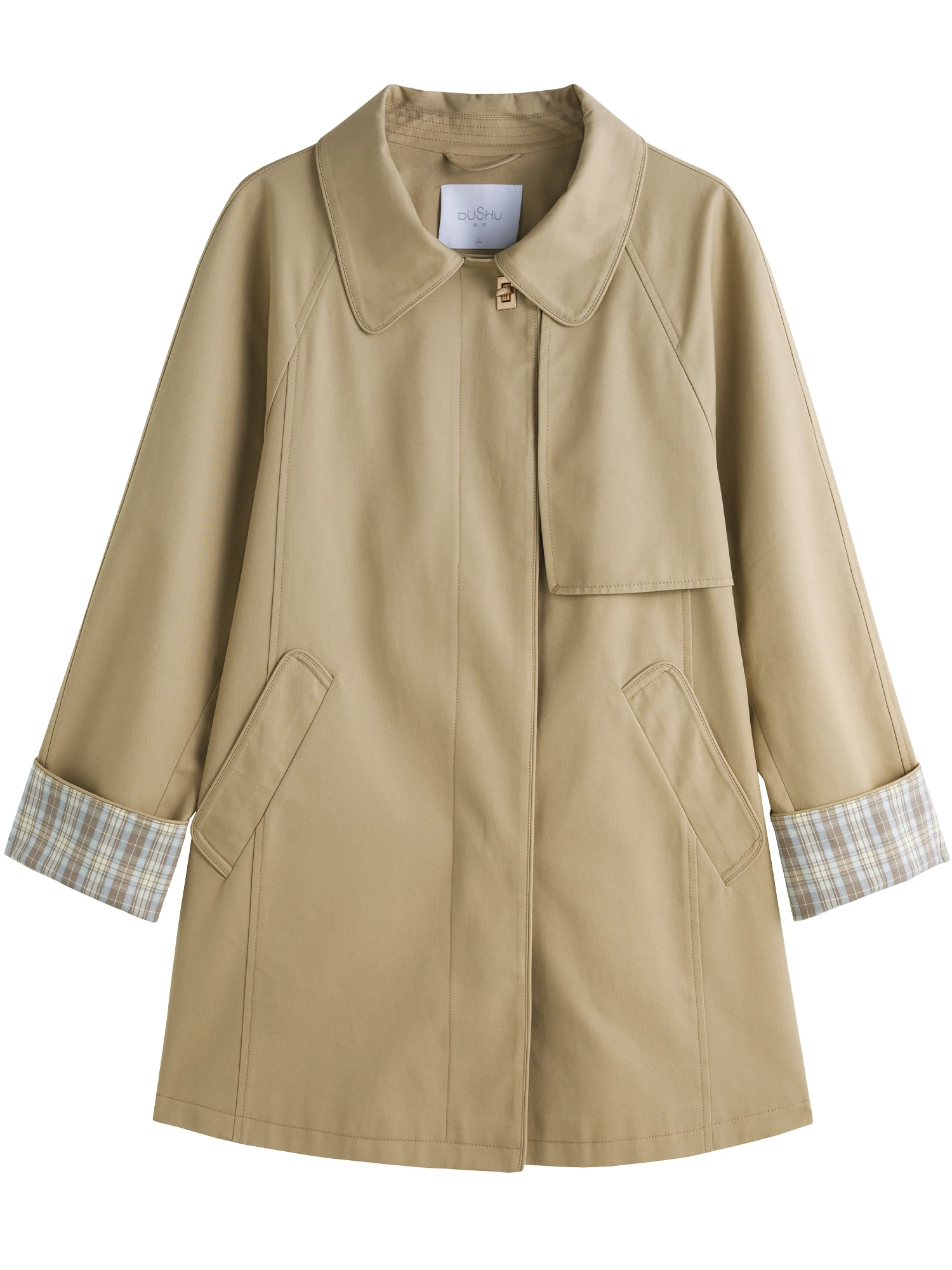 DUSHU 100% Cotton Women Khaki Trench Coats Office Lady One Hand-Length Trenches Turn-down Collar Raglan Sleeve Coat 24DS83281