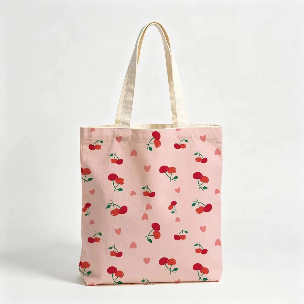 Korean Sweet Cherry Strawberry Floral Canvas Bag, Small Fresh Girl, Large Capacity Shoulder Bag Commuting Hand-held Shopping Bag