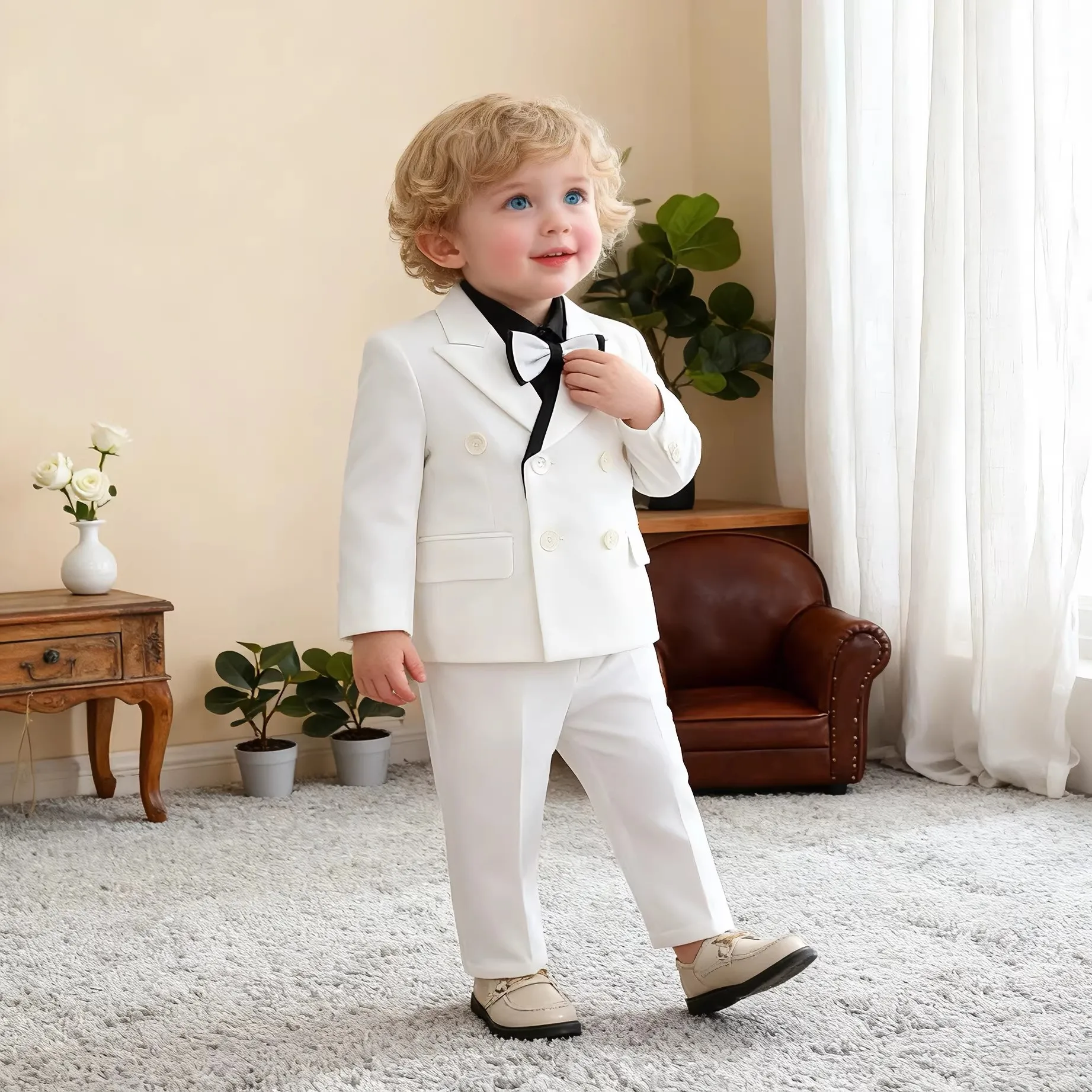 Children's White Suit Set Boys Autumn Winter Piao Host Speech Performance Costume Kids Wedding Birthday Party Photography Outfit