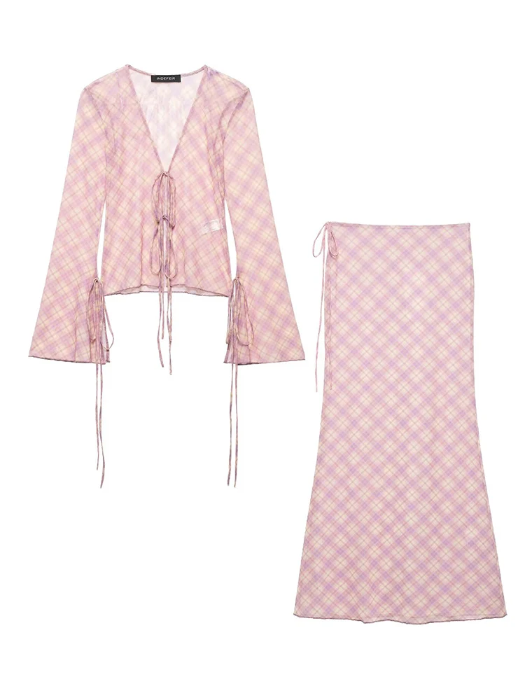 

TFMLN 2025 летние женские комплекты из тюлевого клетчатого топа и юбки, модные топы с v-образным вырезом на шнуровке и расклешенными рукавами, прямая юбка, повседневная одежда