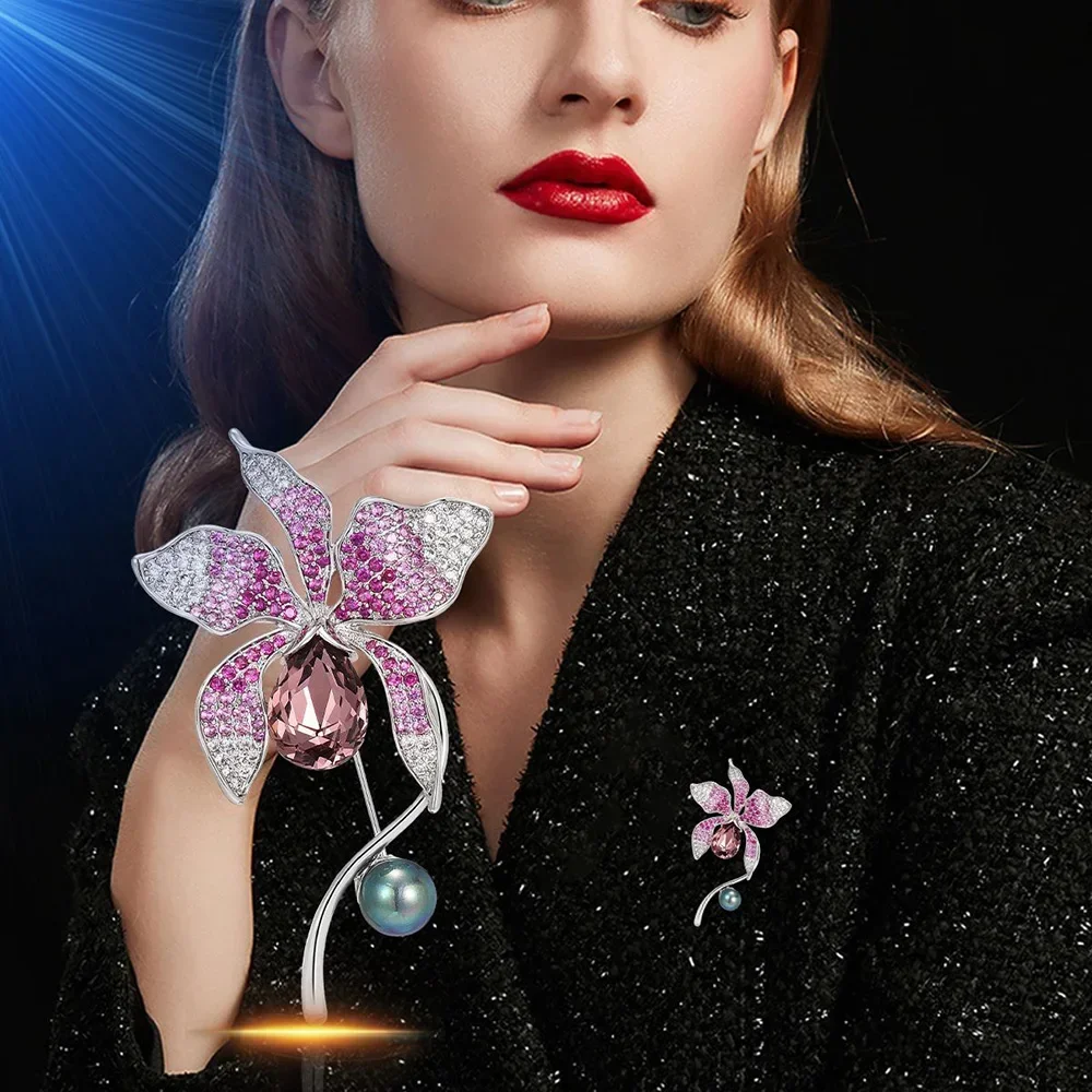 Purple Rhinestone Lily Brooch Exquisite Plant and Flower Brooches Jewelry Women's Clothes Dresses Coats Pins Accessories Gifts