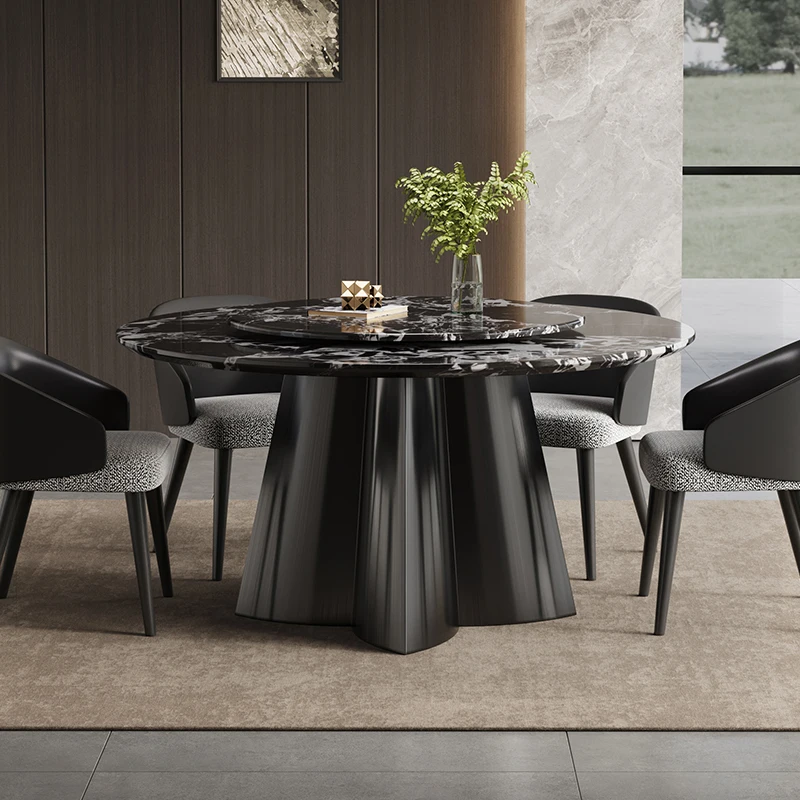 بلغاري طاولة طعام من الرخام الطبيعي الأسود وكرسي مجموعة غرفة المعيشة 2025 كرسي جديد خفيف فاخر منزلي مستدير لتناول الطعام