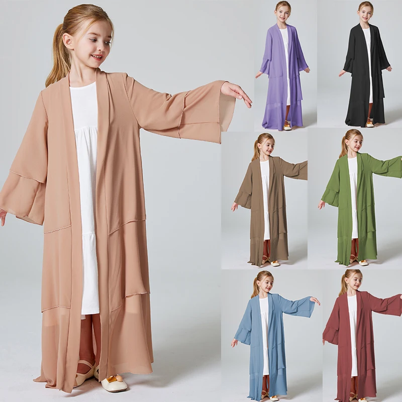 Abaya en mousseline de soie pour filles musulmanes, 3 couches, robe pour enfants, devant ouvert, sans hijab, ramadan kebaya