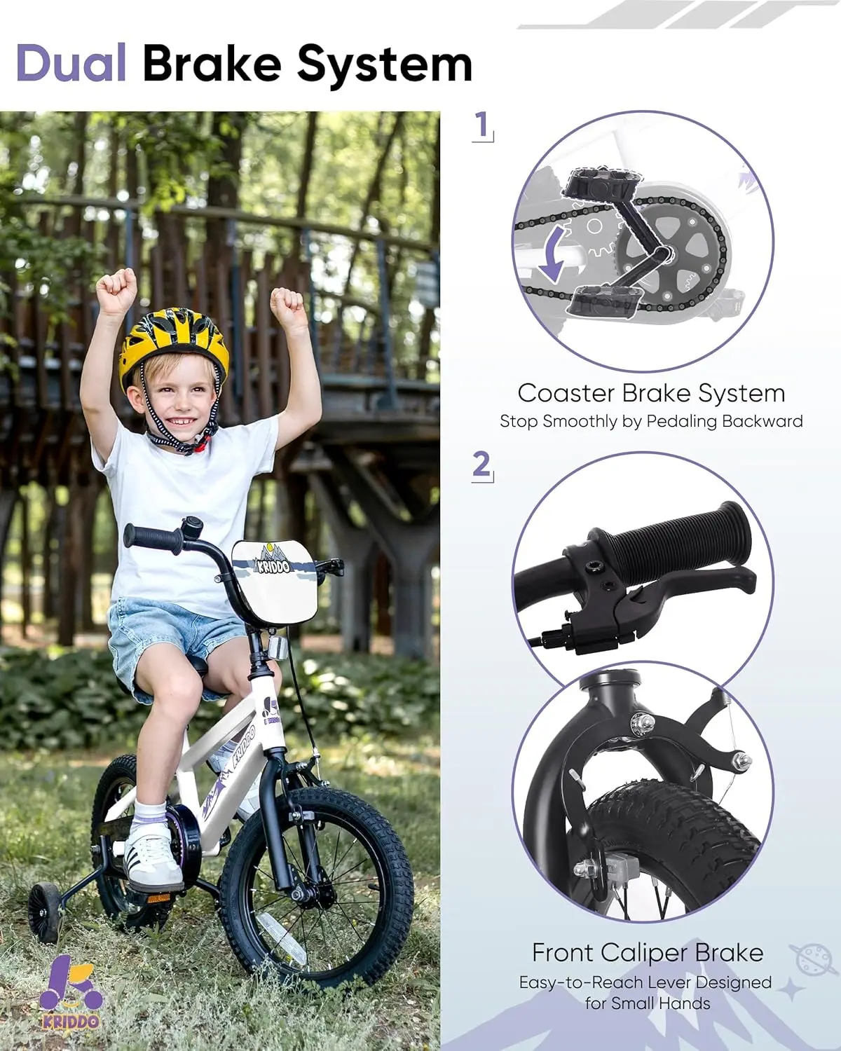 14-16 inch kinderfiets voor kinderen van 3-8 jaar, jongens- en meisjesfiets met afneembare zijwieltjes, fiets voor kinderen met handrem en coa