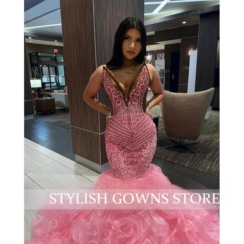 Customized African Pink Ruffles Prom Dress Crystal Beads Mermaid Party Gown Black Girls Vestidos De Festa
