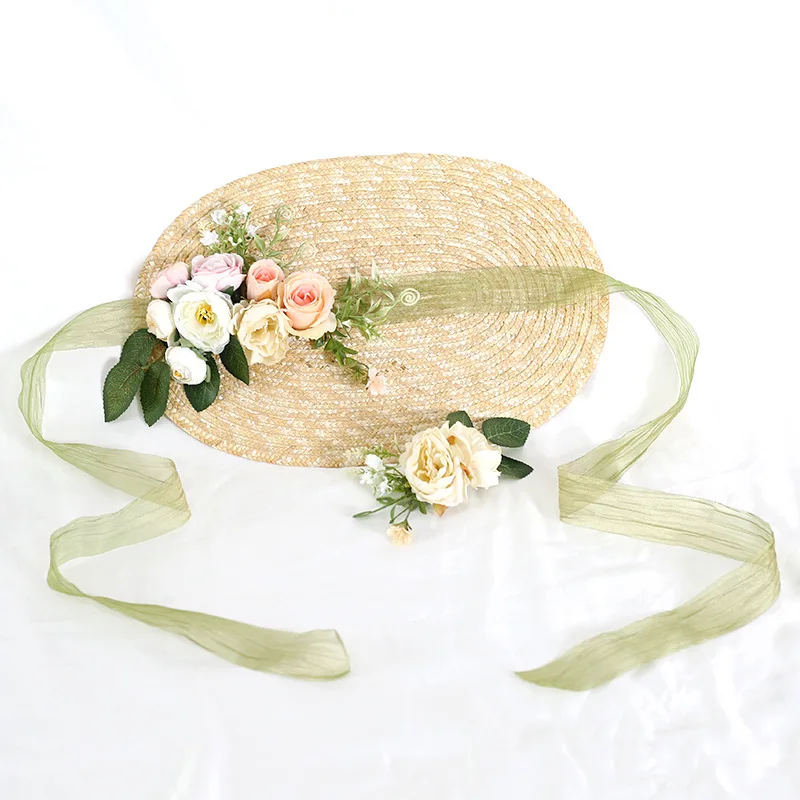 Lolita Headdress Hat Headpiece Hair Accessories Flat Top Hat Ruffle Lace Lolita Straw Hat With Strap Ribbon Flower