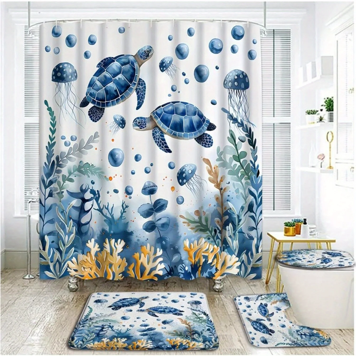 

4 шт. синяя медуза морская звезда коралловое побережье пляжный узор костюм полиэфирная ткань занавеска для душа коврик для унитаза нескользящий коврик U-образный коврик