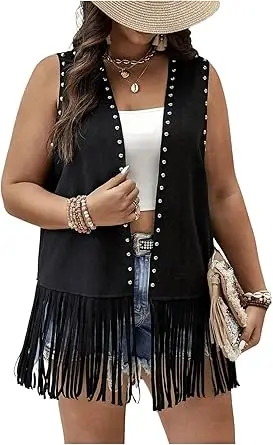 Women's Tassel Sleeveless Vest Rivet Open Front Sleeveless Long Jacket Hippie Streetwear