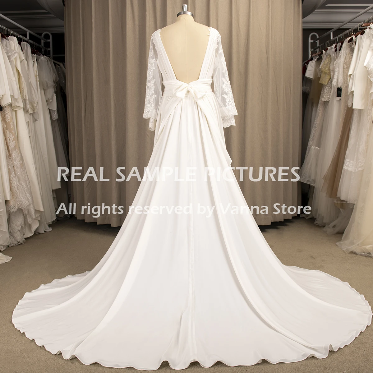 Customized Long Bubble Sleeves Wedding Dress Appliqued V Neck Backless Ruched Chiffon High Bridal Gown Plus Size Robe De Mariee