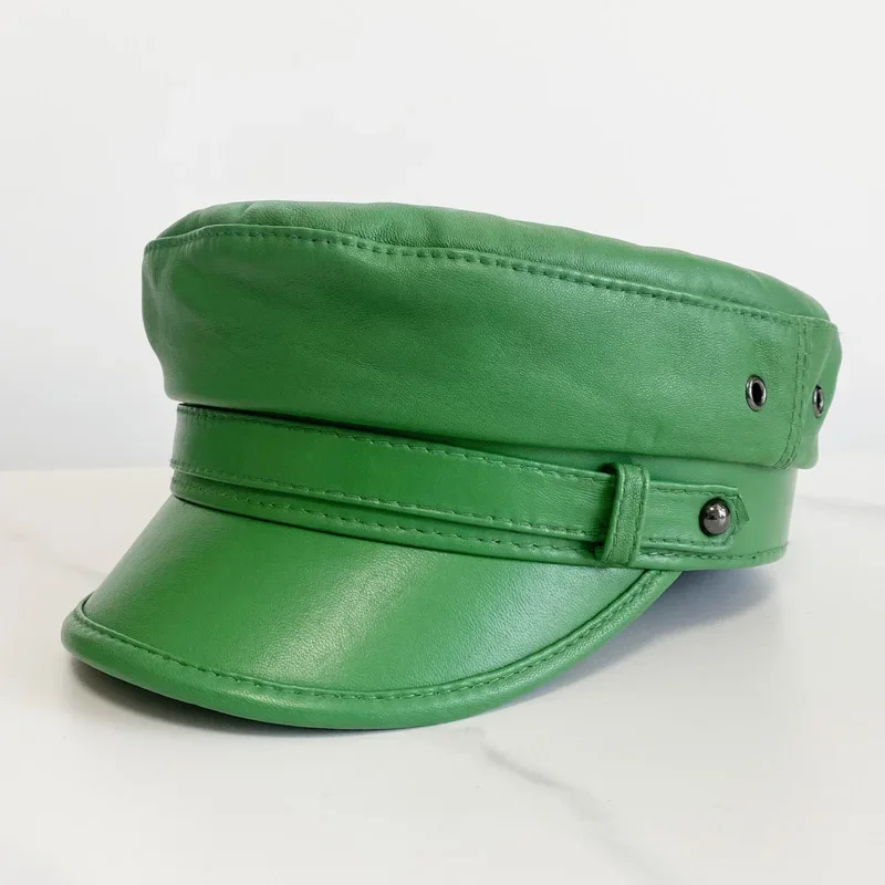 Casquette militaire verte en cuir véritable, chapeaux de marin pour femmes et hommes, chapeau de cadet de voyage à dessus plat, chapeau militaire en peau de mouton