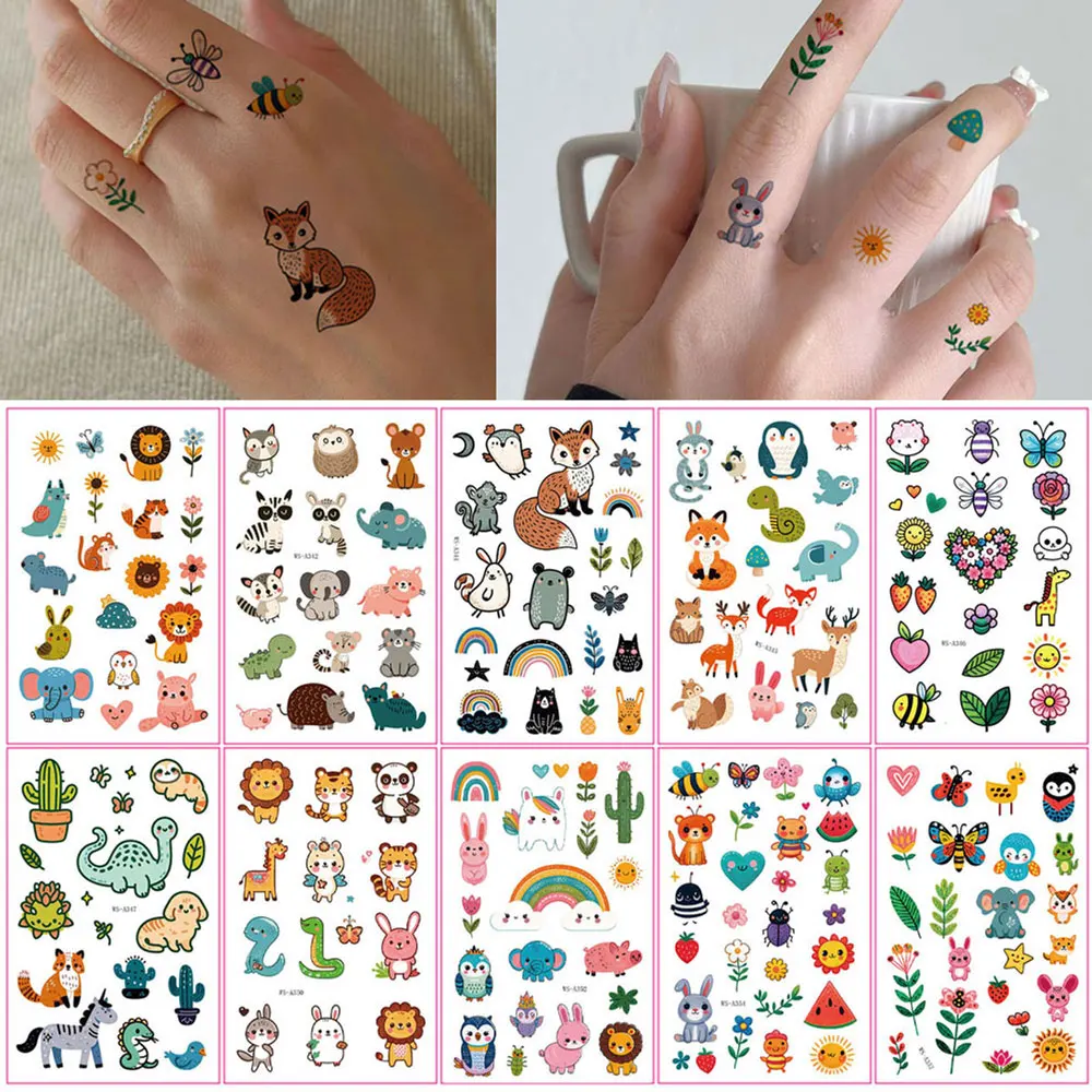 10pcs Cartoon Temporary Tattoos Lion Flower Dinosaur Animal Fake Tattoo Stickers Cute Tattoo Body Decor