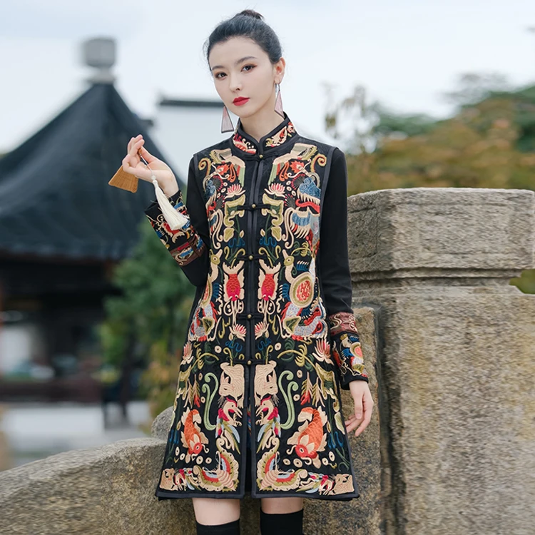 

New Chinese Style Long Heavy Embroidery Miao Jacket Ethnic Wind Shoulder Pad Vest Coat Double Breasted Winter Outerwear