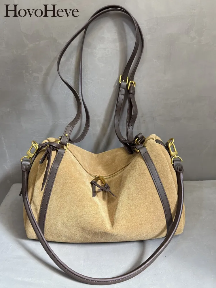 

Leisure Soft Genuine Leather Handbag Solid Color Female Zipper Pillow Bags Fashion Cow Suede Large Capacity Single Shoulder Bag