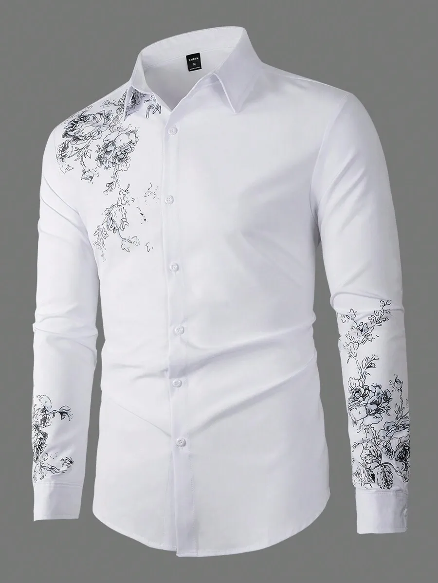 

Men's White Long Sleeve Button-Up Shirt with Floral Sketch Print, Casual Daily Wear