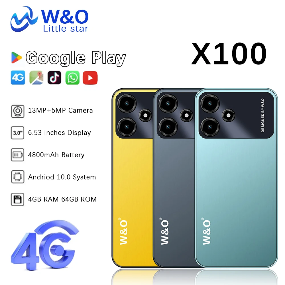 W & O-Smartphone Android ultra fin X100, téléphone portable 4G, 4 Go de RAM, 64 Go de ROM, téléphone portable Dean, 6.53 pouces, touristes, Epi4800 mAh, 5MP + 13MP, en vente