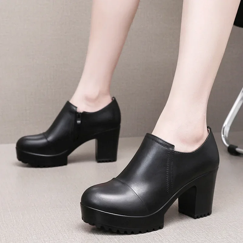 6 8 10cm Small Size 33-43 Deep Mouth Genuine Leather Shoes Women Pumps 2024 Spring Block High Heels Shoes for Office Model