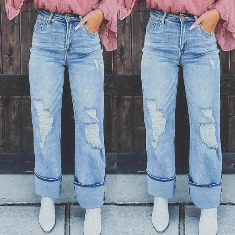 2024 New Autumn And Winter High Waist Straight Loose Jeans Fashion Versatile Trend Necessary Old Ripped Hole Washed Light Color