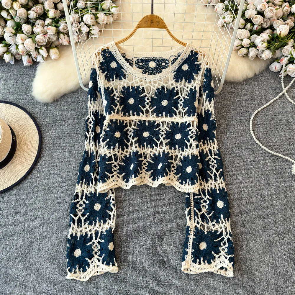 Daisy Crochet Knit Sweater Long Sleeve Sheer Open-knit Crop Knit Top Pullover dla kobiet Teen-girl Fall Winter Boho Beach Outfit