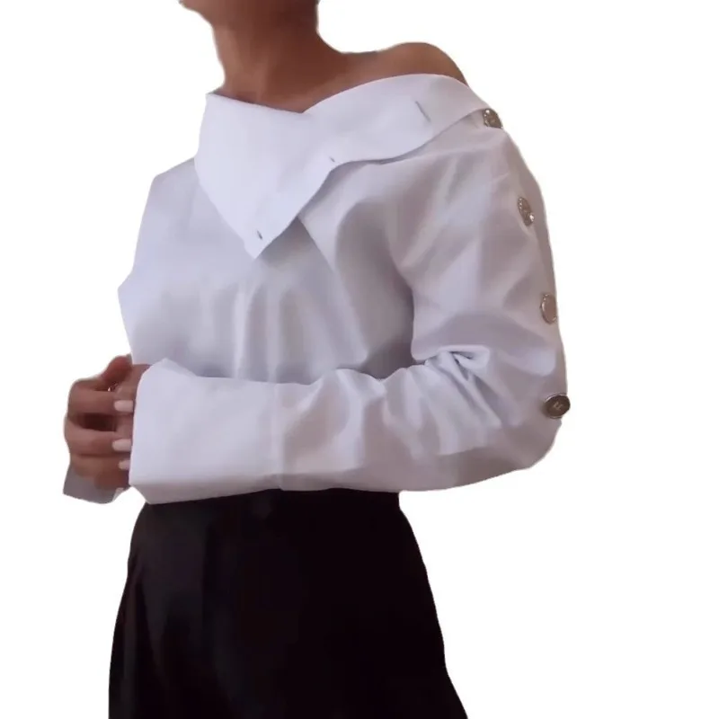 One Shoulder Temperament Fitted Shirt High Collar Metal Button Off The Shoulder Women's Shirt Fashionable Top Irregular Shirt