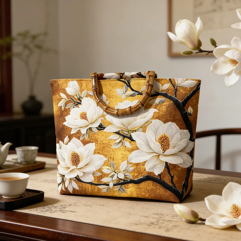 Magnolia-Ölgemälde-Tragetasche für Damen, Handtasche mit Bambusimitat-Griff und großem Fassungsvermögen, für Pendeln und Einkaufen, tägliche Reisen – Detail 6