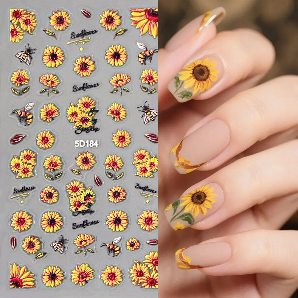 1/4pcs 5D Embossed Summer Sunflower Nail Stickers Yellow Floral Bee & Butterfly Nail Decals Fresh Sunflower Nail Art Decorations view 3