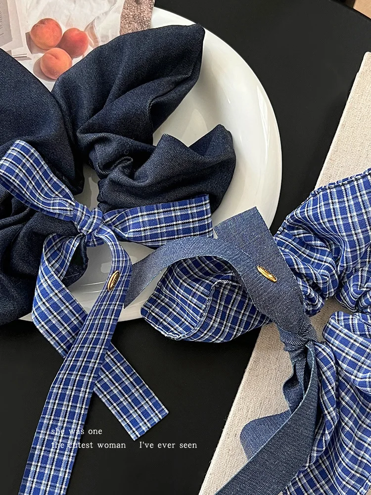 Bow Denim Blue Plaid Square Towel Large Intestine Hair Band Femininity Square Hair Accessories Headrope Rubber Band