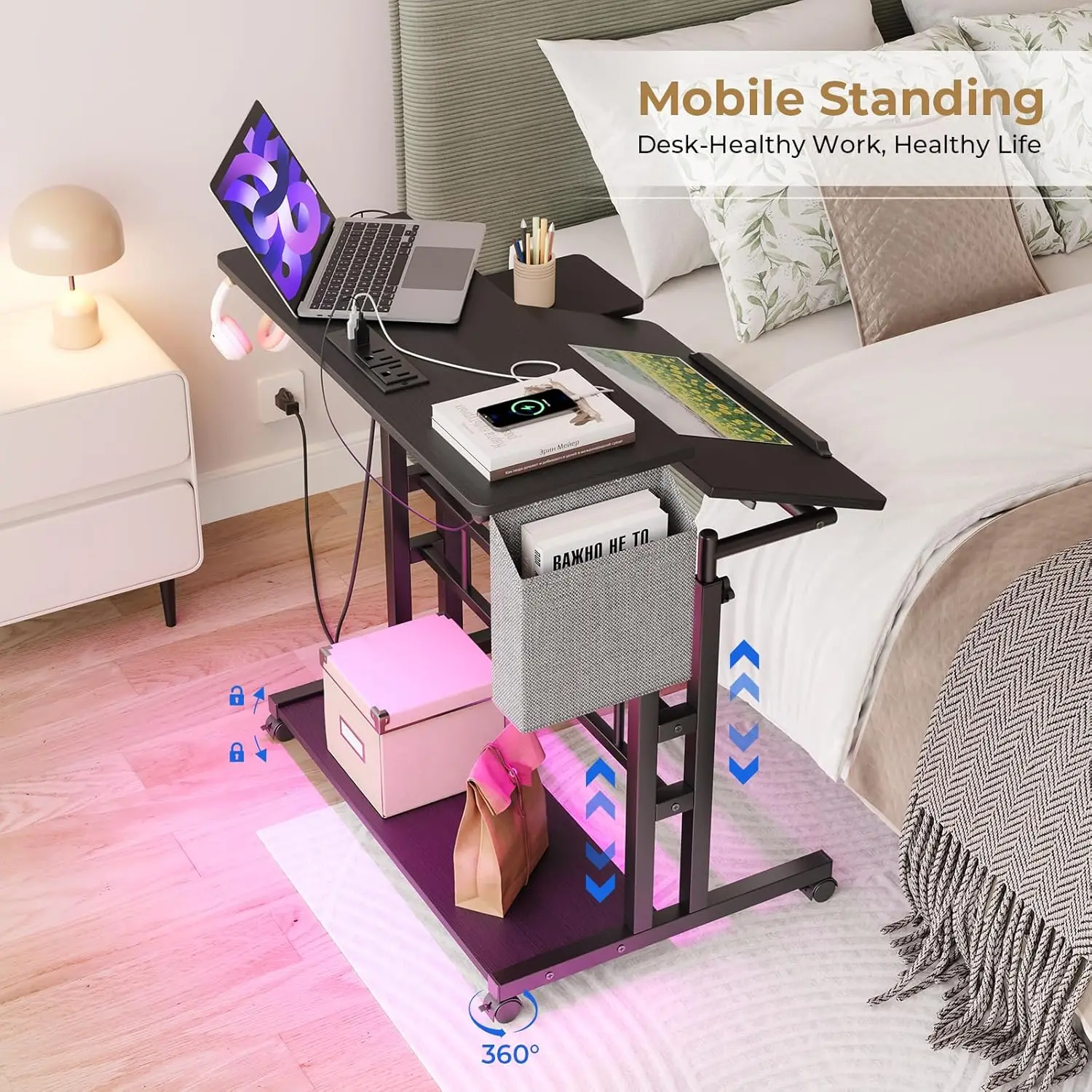 (UUX)Mobile Standing Desk with Power Outlets & Strip Lights, Rolling Computer Desk Cup Holder, Hook, Storage Bag UQ