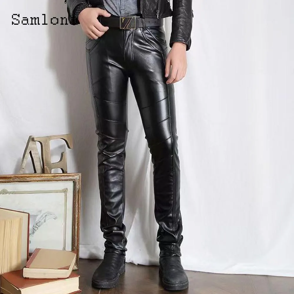 

Sexy Night Dance Club Pu Leather Pants Men Streetwear 2025 Europe Style Fashion Basic Trouser Black Glossy Faux Leather Hotpants