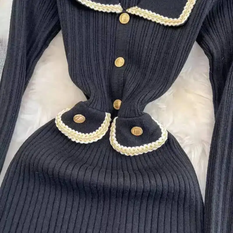 

Gentle French Style Knit Dress Femme Autumn Winter Waist Cinched A Line Medium Long Peter Pan Collar Sweet Vestidos