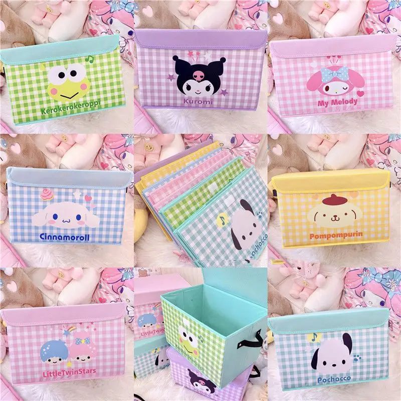 Anime Sanrio MINISO 데스크탑 플립 탑 보관 상자 HelloKitty 만화 문구 화장품 접이식 가정용 잡화 보관 상자