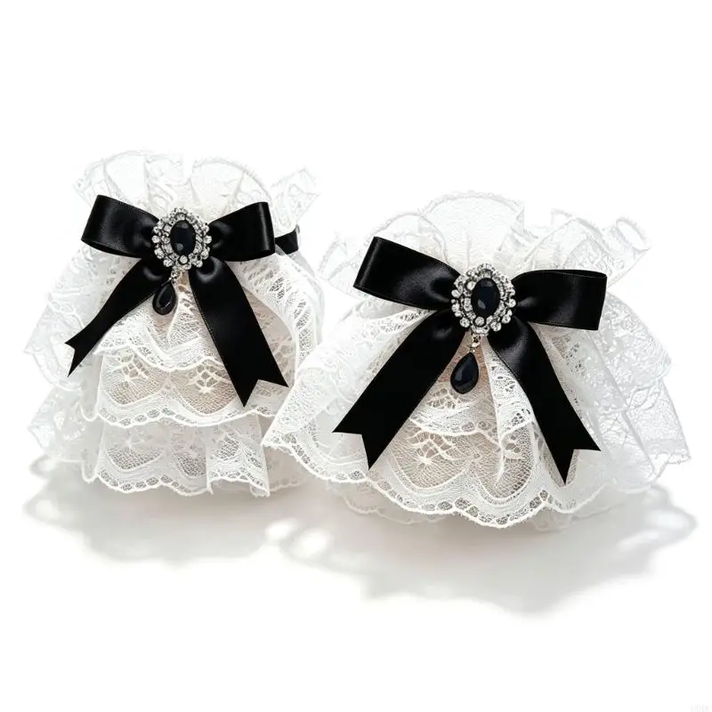 Anime Maid Lace Wrist Cuffs with Bowknot Accent for Cosplay and Dress-Up Y166